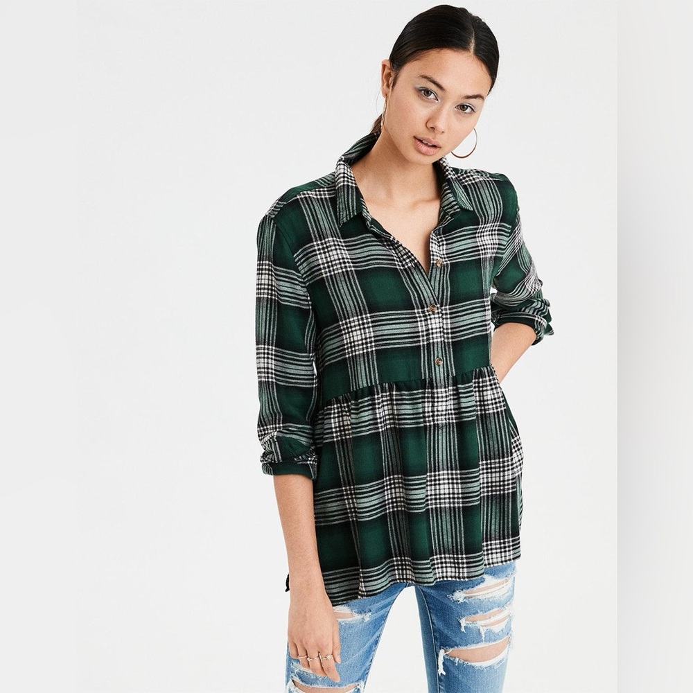 American Eagle Outfitters Green and Black Plaid Peplum Button-Up Top